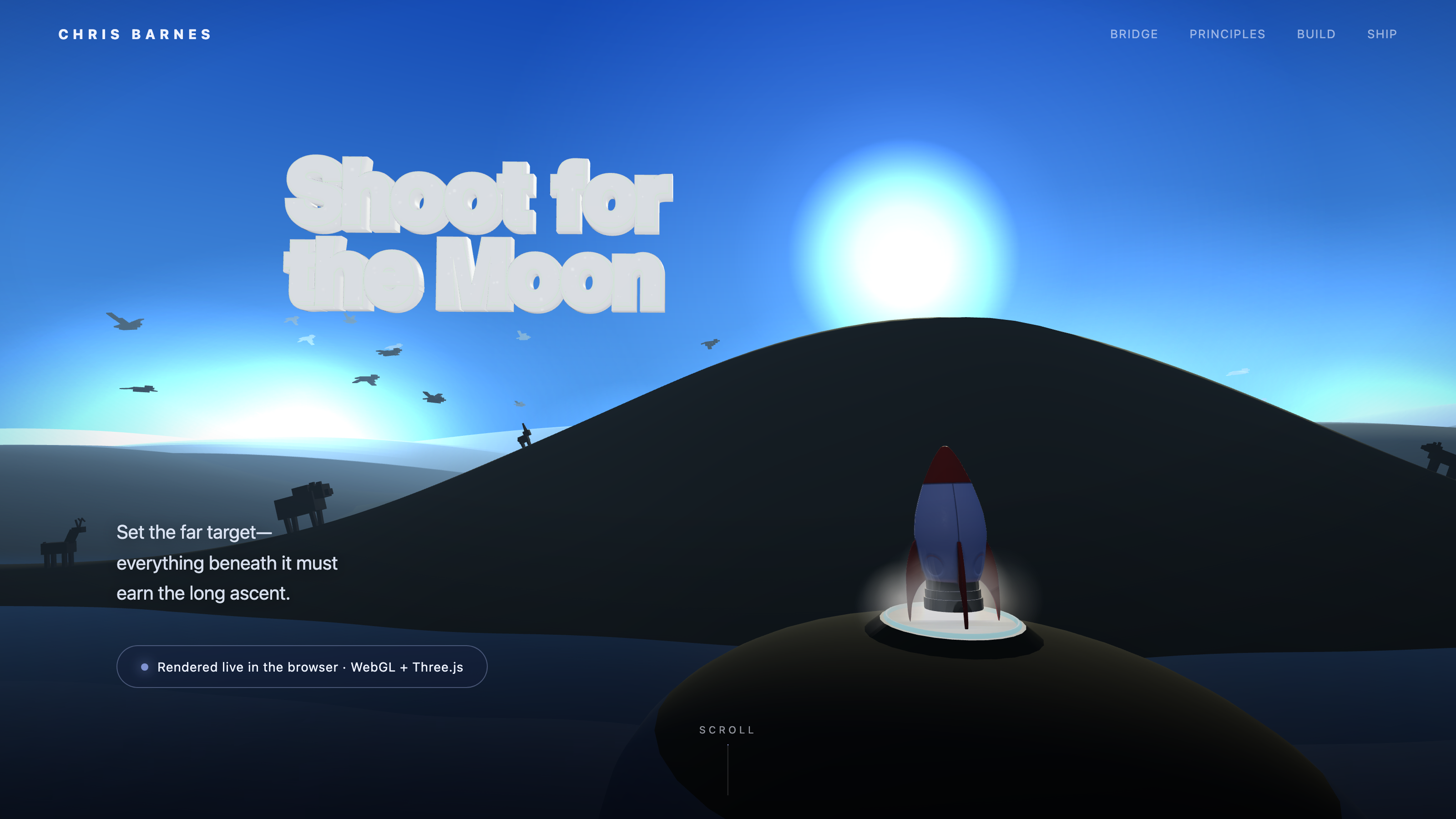 Opening frame: a bright morning sky over rolling hills, a glossy white extruded 3D headline reading 'Shoot for the Moon', the sun low on the right, and a small toy rocket glowing on a launch pad in the foreground.