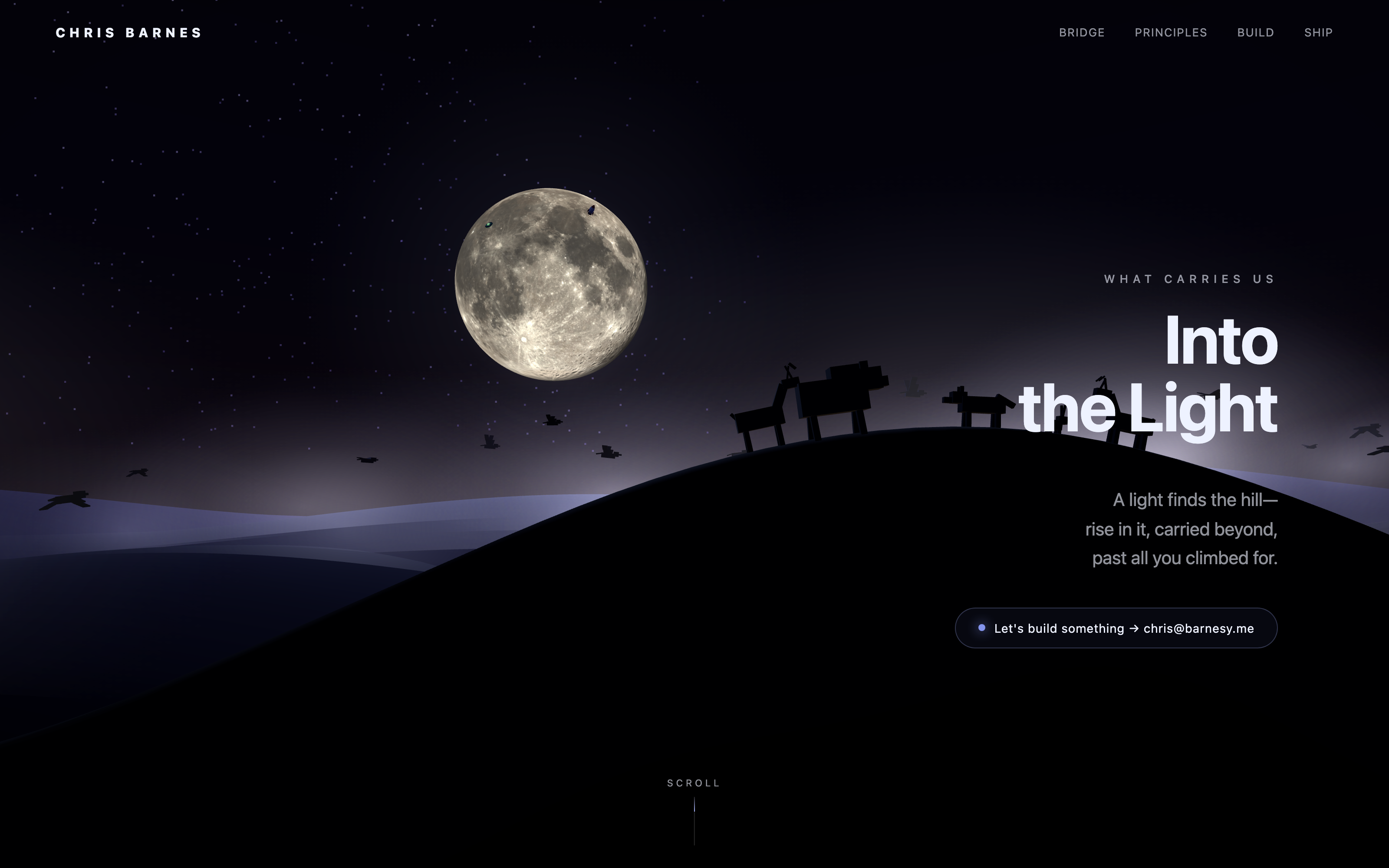 Night scene: a large glowing moon high in a starfield, with the tiny rocket and UFO at rest on its surface.