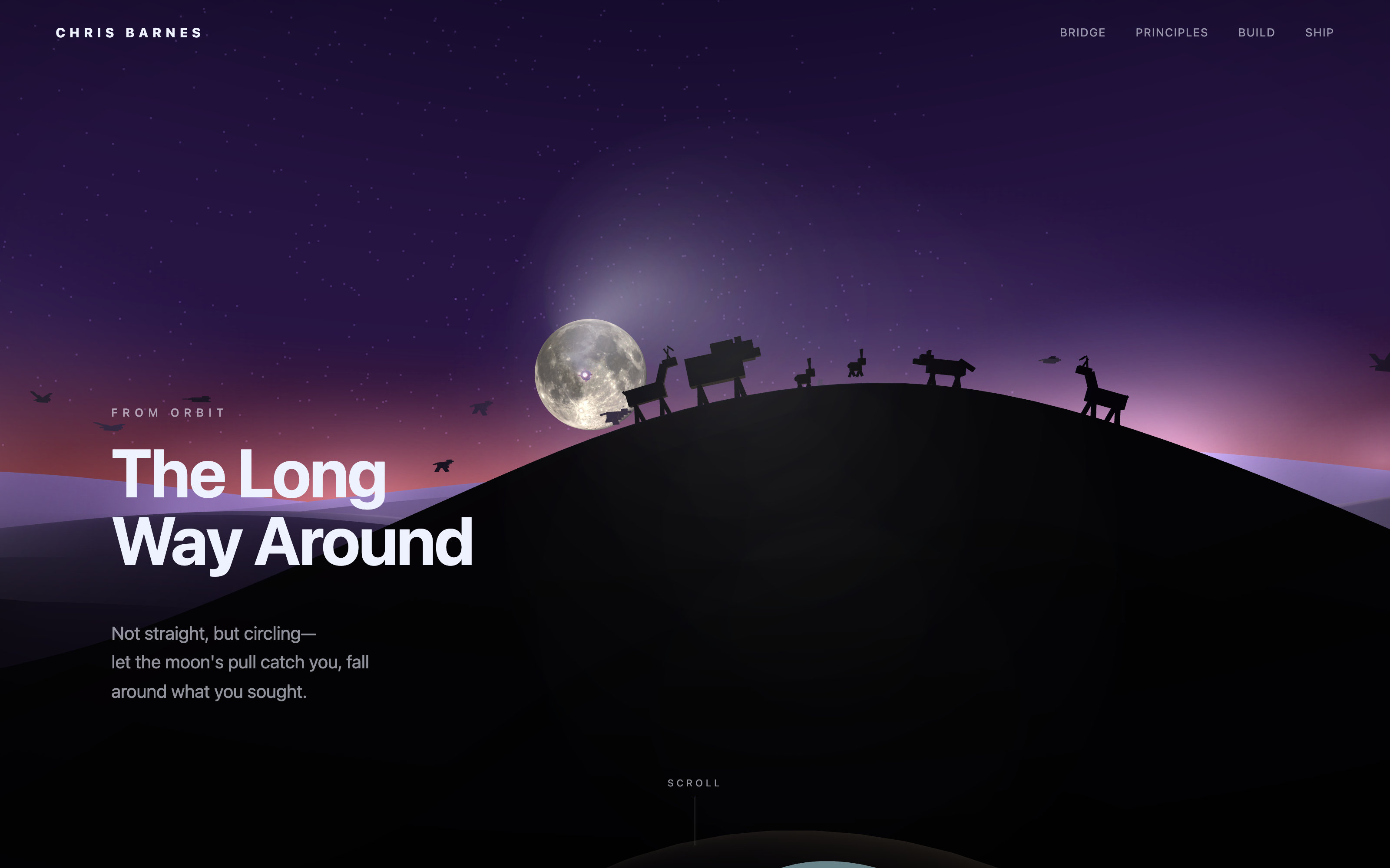 A large, detailed moon rising solid from behind a dark hill against a deep purple twilight sky, with small box-built animals silhouetted along the ridge.