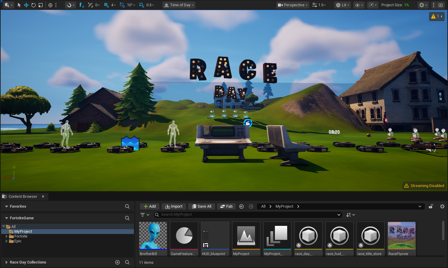 Race Day hub with control panel, RACE DAY signage, and BrotherBill spawn