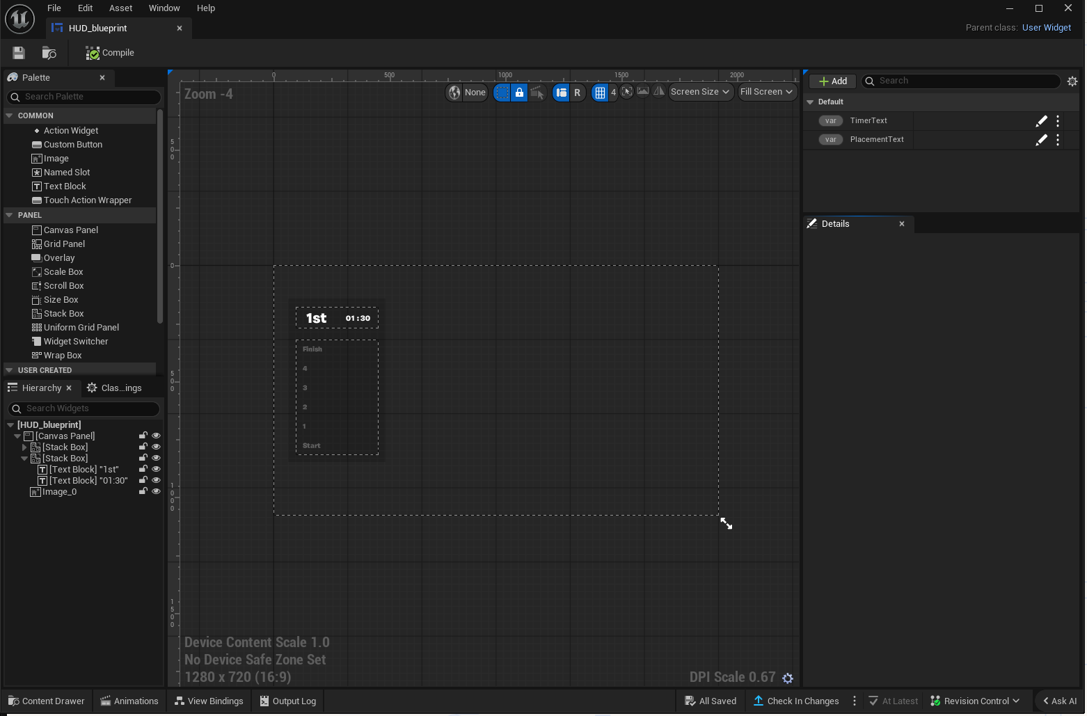 In-game HUD blueprint in UEFN editor showing placement, timer, and segment progress
