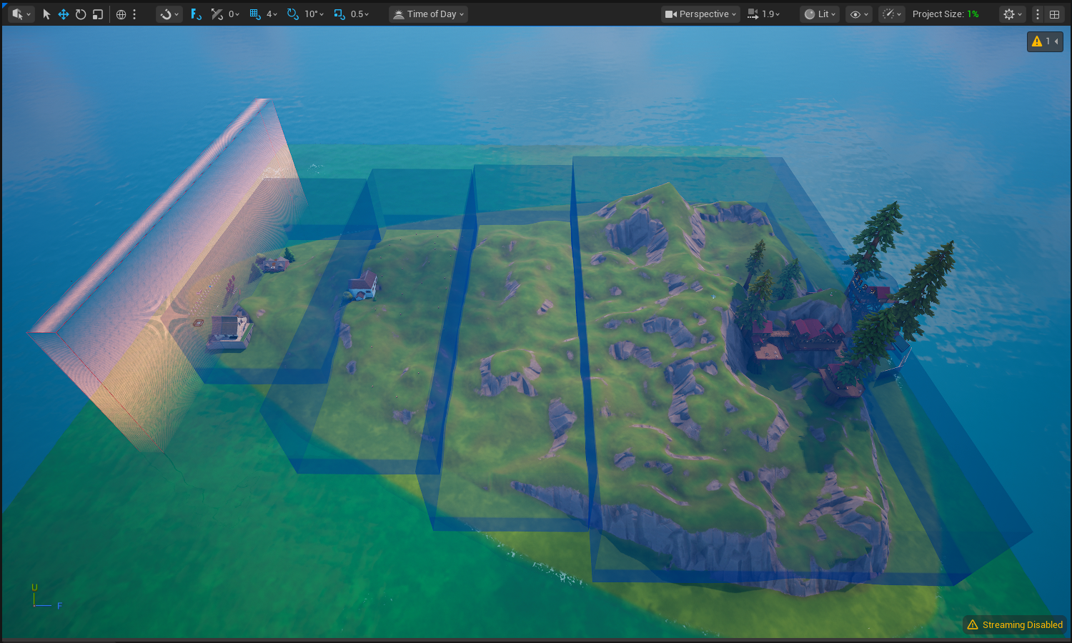 Top-down view of the race track with five progression zones rendered as translucent blue volumes