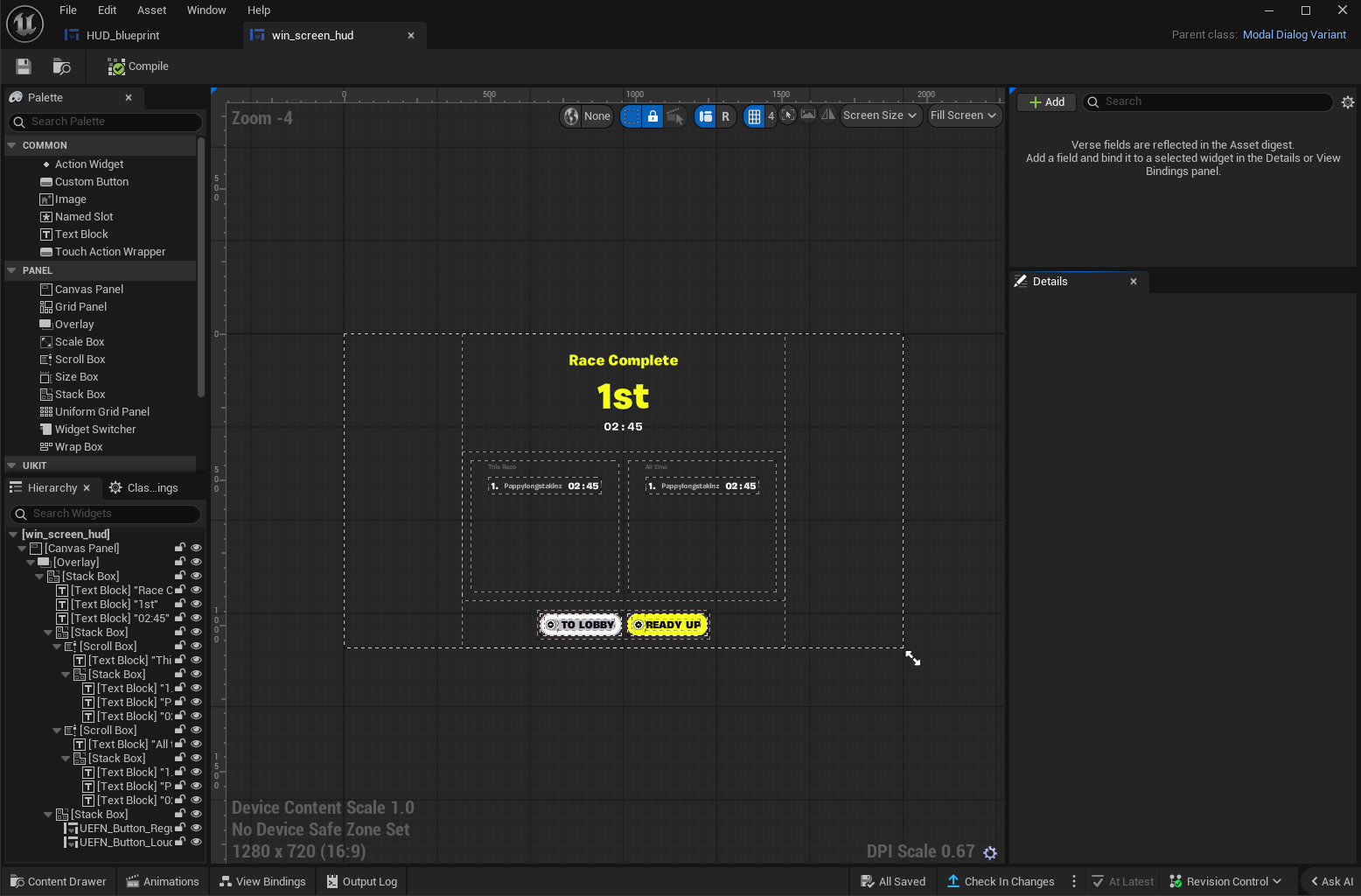 Win screen modal showing Race Complete, 1st place, finish time, and dual leaderboards