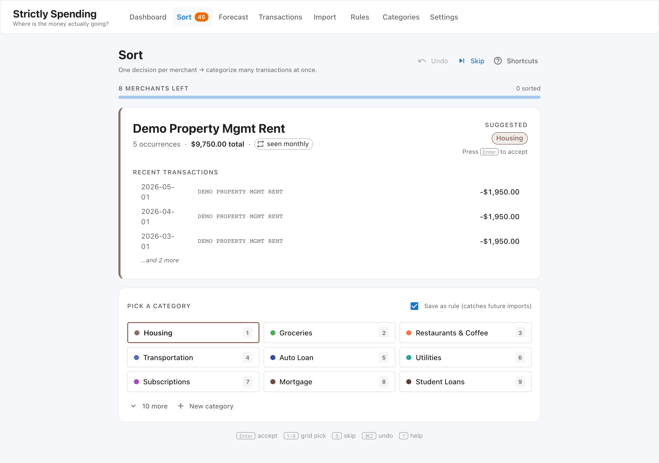 The Sort view. A card for "Demo Property Mgmt Rent" shows 5 occurrences totaling $9,750 with a Monthly recurrence chip and three recent transactions. The suggested category Housing is highlighted on the right; below, a numbered grid of colored category buttons offers Housing (1), Groceries (2), Restaurants (3), Transportation (4), Auto Loan (5), Utilities (6), Subscriptions (7), Mortgage (8), Student Loans (9). The nav bar shows the Sort tab with a 45 badge. The progress bar reads "8 merchants left, 0 sorted."